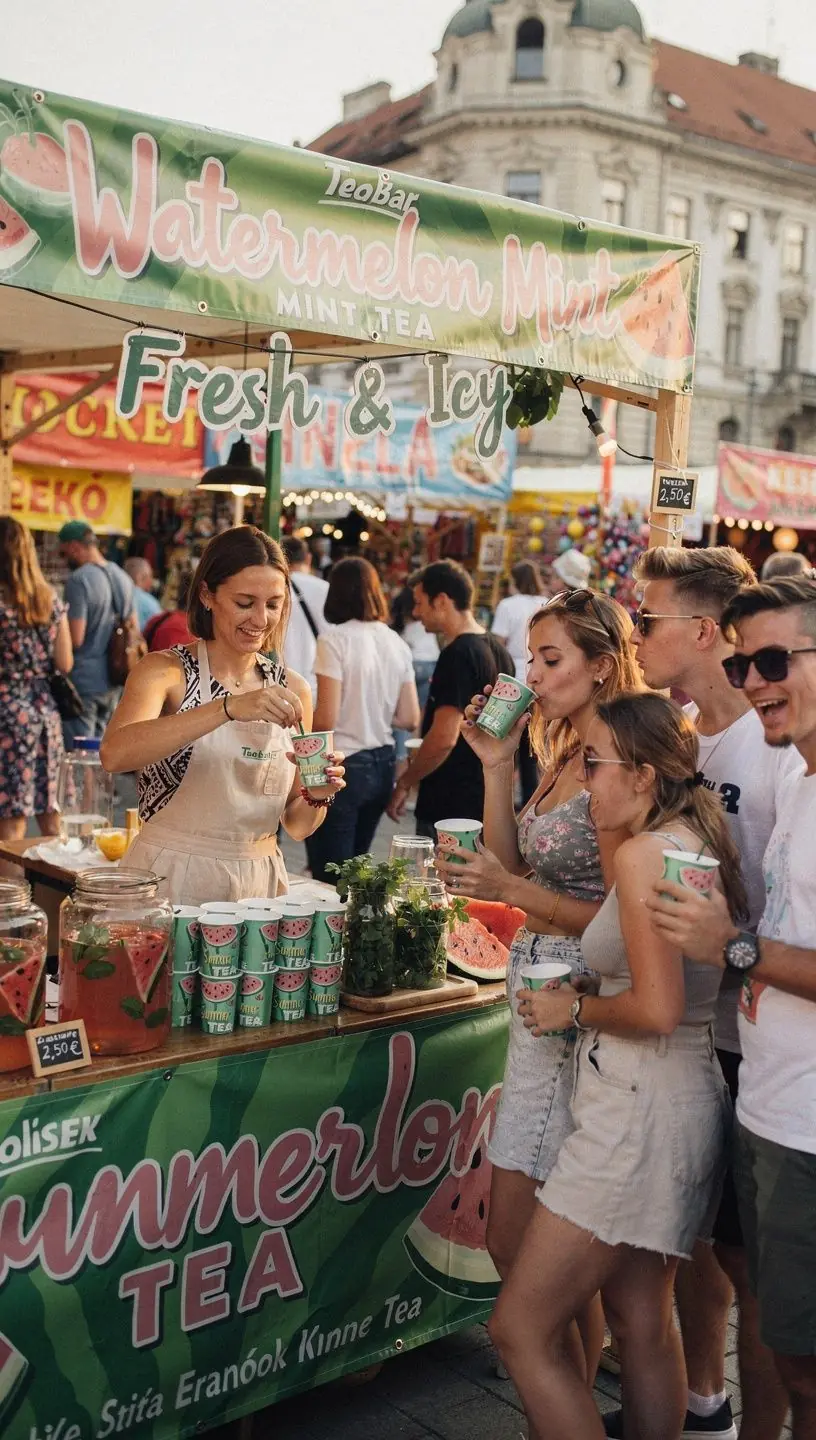 Farebná prezentácia melónového čaju s mätou na drevenom stole.