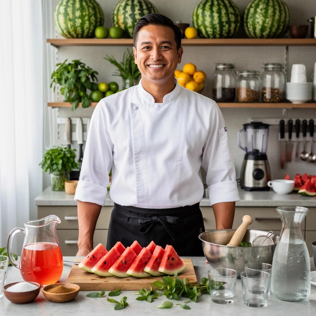 Láhev osviežujúceho melónového mätového čaju na letnom stole.